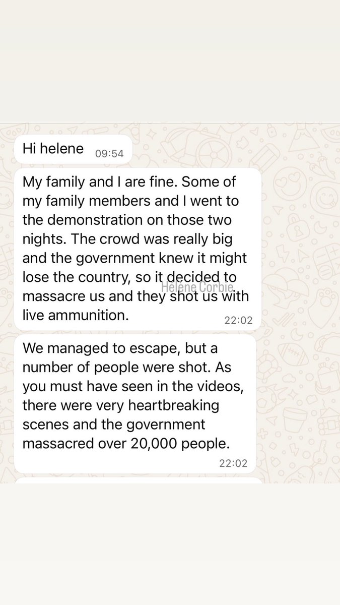 HeleneCorbie's tweet photo. « Ils ont tiré à balles réelles.
Internet a été coupé pour cacher le crime. »

Ces messages viennent d’un Iranien  vivant à Shiraz. 

Il raconte des manifestations réprimées dans le sang, des morts par milliers, des familles terrorisées, mais aussi le sentiment d’abandon… https://t.co/VhK5HOBTek