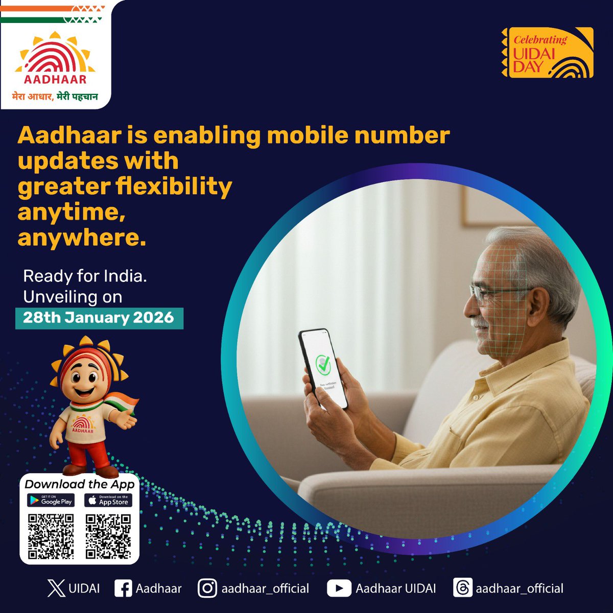 Want to change your mobile number in Aadhaar?
Aadhaar is expanding its service options to allow Aadhaar number holders to update their mobile number from anywhere, anytime.

The full version of the Aadhaar App arrives on 28 January 2026.

#Aadhaar #AadhaarServices #MobileUpdate