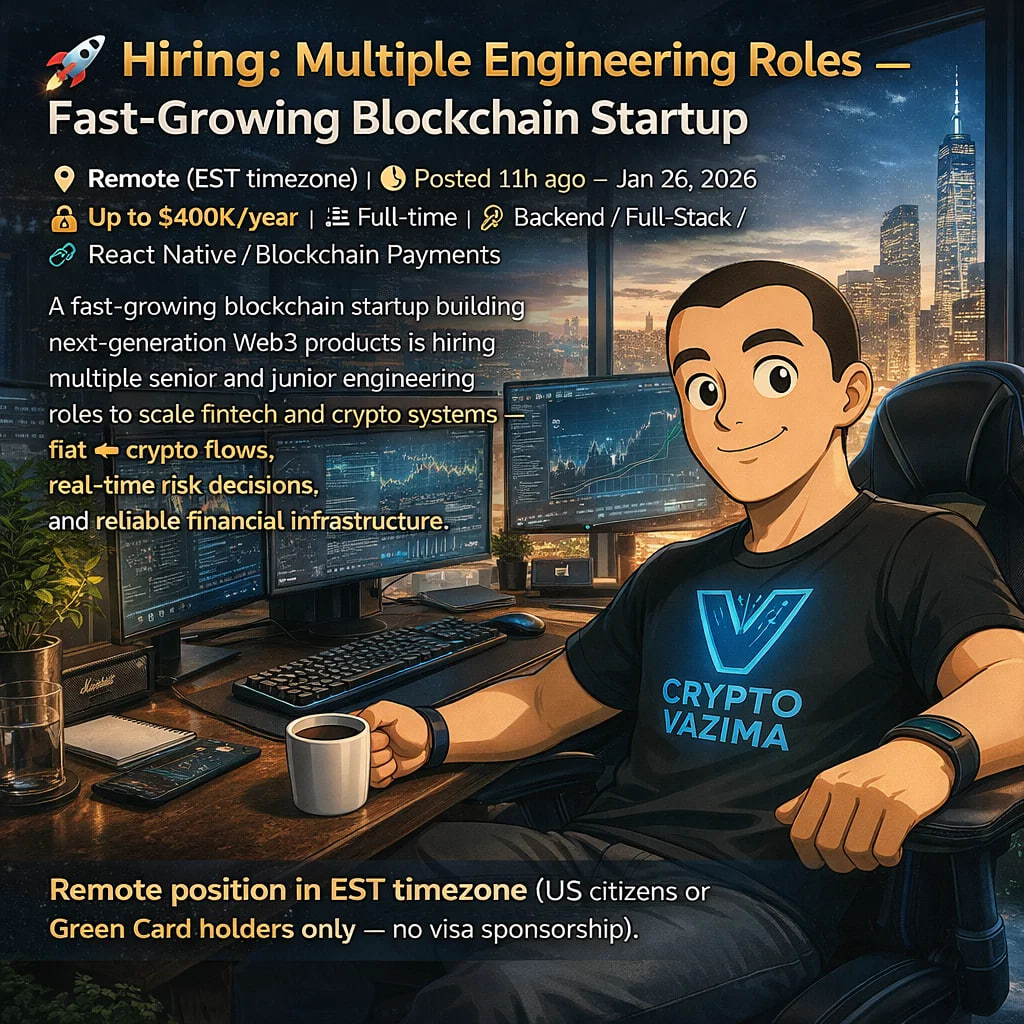 🚀 Hiring: Senior Backend + Multiple Roles — Blockchain Fintech Startup 📍  Remote (EST timezone) | 💼 Full-time | 🧑‍💻 Backend / Full-Stack / React  Native / Blockchain Payments | 💰 Up