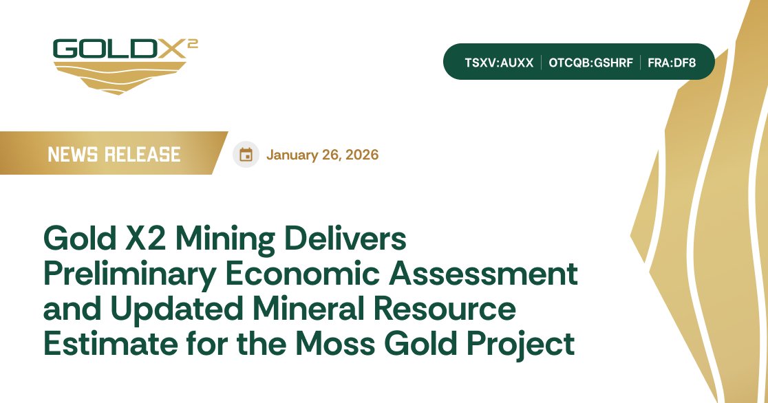 GoldX2Mining's tweet photo. “The Moss deposit MRE and PEA represents a major milestone for the Company as we have clearly demonstrated the potential for the Moss Deposit to be a top ten gold producer in Canada." - Michael Henrichsen, CEO of Gold X2.

➡️ Read the full News Release at: https://t.co/xA1IyMl6JT

🇨🇦 TSXV: AUXX | 🇺🇸 OTCQB: GSHRF | 🇩🇪 FWB: DF8

$AUXX #GoldX2 #Mining #JuniorMining #GoldExploration