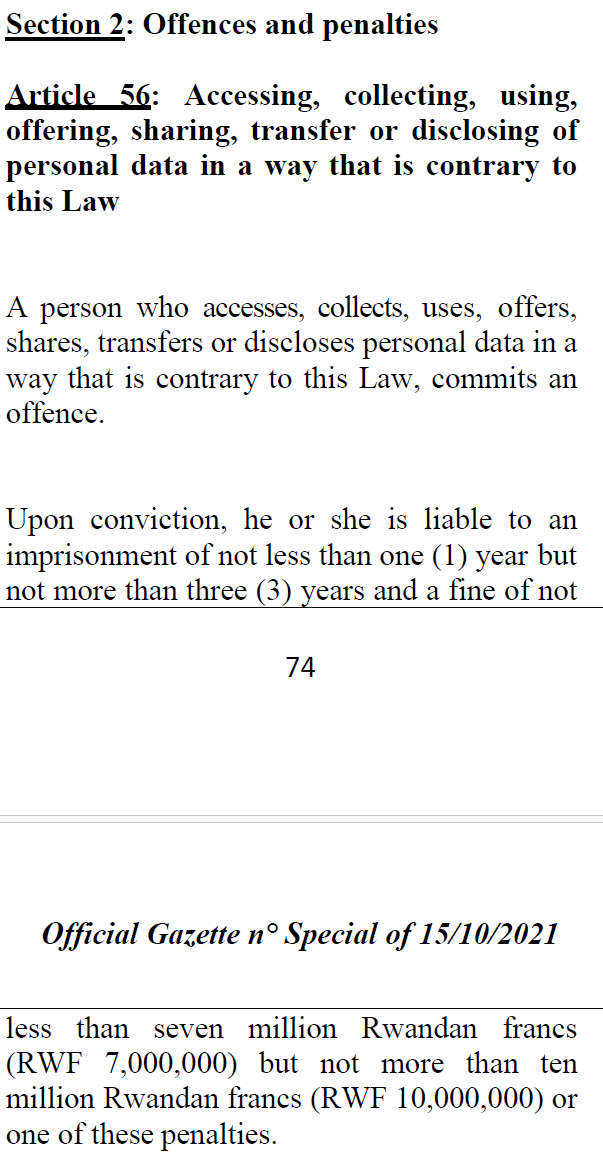 Law Nº 058/2021 of 13/10/2021 relating to the protection of personal data and privacy

- Article 5
- Article 6
- Article 37 par 2 &amp; 3
- Article 56

Just in case <a href="/RIB_Rw/">Rwanda Investigation Bureau</a> a little help looking into this flagrant breach of privacy. As an aside, Data Privacy Week 2026 started today.