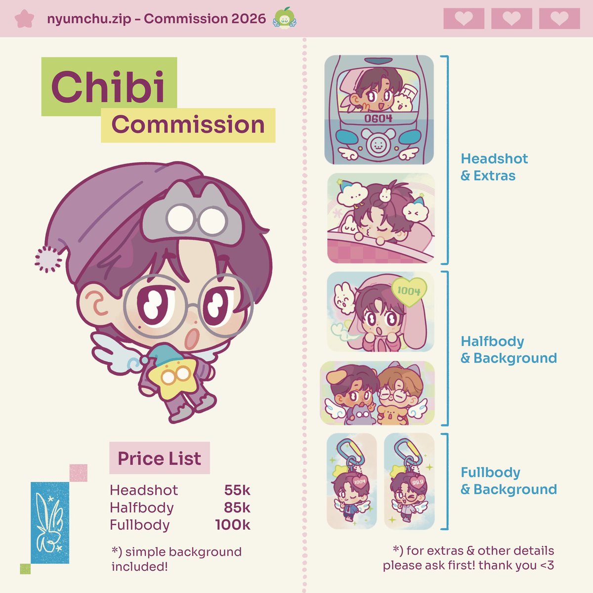 (↻ &amp; ♡ are appreciated!)

hello! my commissions are open 😆🩷
for order &amp; more information, please DM me here or on instagram! (@ nyumchu)

thank you so much! 💞