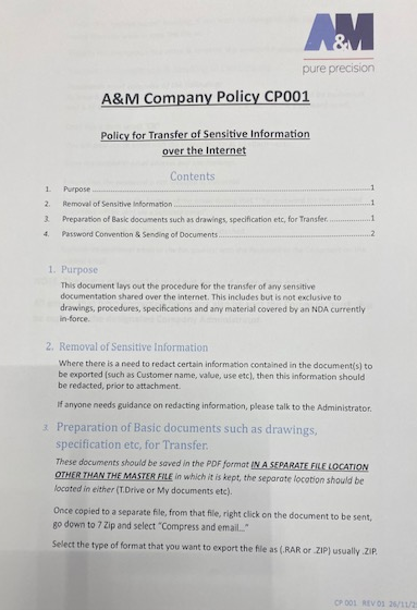 AandMEDM's tweet photo. We're training staff today on protecting customer data & IP sent to 3rd parties (eg Heat Treatment).
2 stages - a password protected document, followed by email with a password. We upgraded to #CyberEssentialsPlus internally.
#CyberSecure #precisionengineering #ukmfg https://t.co/i7faiFSI4Z