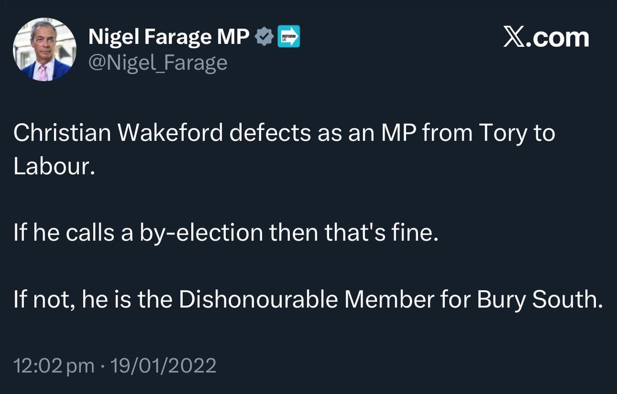 <a href="/BBCBreaking/">BBC Breaking News</a> Suella Braverman defects as an MP from Tory to Reform. 

If she calls a by-election then that’s fine. 

If not, she is the Dishonourable Member for Fareham and Waterlooville.
