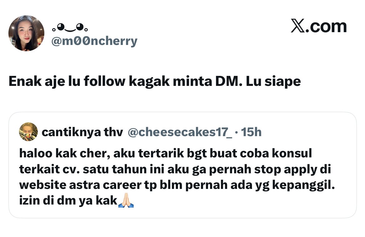 beefzax_'s tweet photo. Gila nangis bgt liat balasannya, pdhl bahasanya udh sesopan itu, dia gk maksa jg buat dicek cv nya, pls siapapun jgn jahat2 dong sma pencari kerja, jd WNI udh berat bgt, klo nasib lo lg di atas jgn bkin lo jd org sombong dan kasar, Allah maha membolak-balikan keadaan dlm sekejap. https://t.co/FNjpwqnxfk