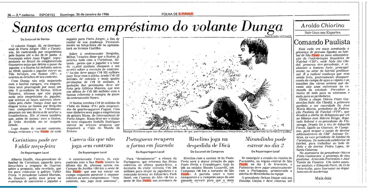 A Folha de S. Paulo de 26/1/86 disse que o volante Dunga fora contratado pelo <a href="/SantosFC/">Santos FC</a>, por empréstimo, até o fim do mês de junho, enquanto o centroavante Careca, sem contrato, afirmava que não jogaria "nem amistoso" pelo <a href="/SaoPauloFC/">São Paulo FC</a>. joseinaciowerneck.com