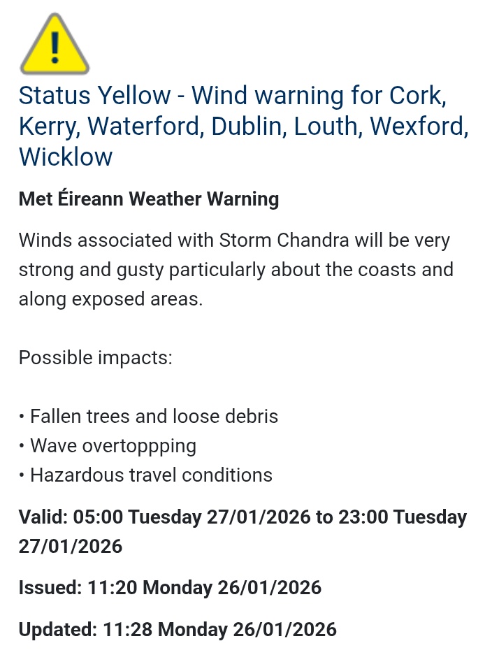 <a href="/metoffice/">Met Office</a> <a href="/MetEireann/">Met Éireann</a> have issued a yellow rain warning for Carlow Kilkenny Louth Wexford Wicklow &amp; Waterford from midnight to 11pm tomorrow.
A yellow wind warning has been issued for Cork Kerry Waterford Wexford Wicklow Dublin &amp; Louth from 5am to 11pm tomorrow