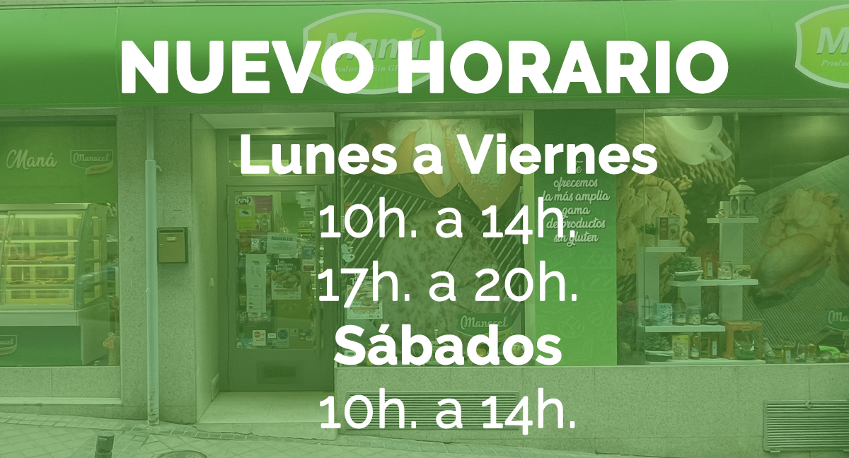 ¡TOMA NOTA! ✍️
Desde hoy, el nuevo horario de nuestra tienda física en Madrid es de 10h. a 14h. y de 17h. a 20h. de L a V y de 10h. a 14. los sábados.

manaproductossingluten.com/donde-estamos
