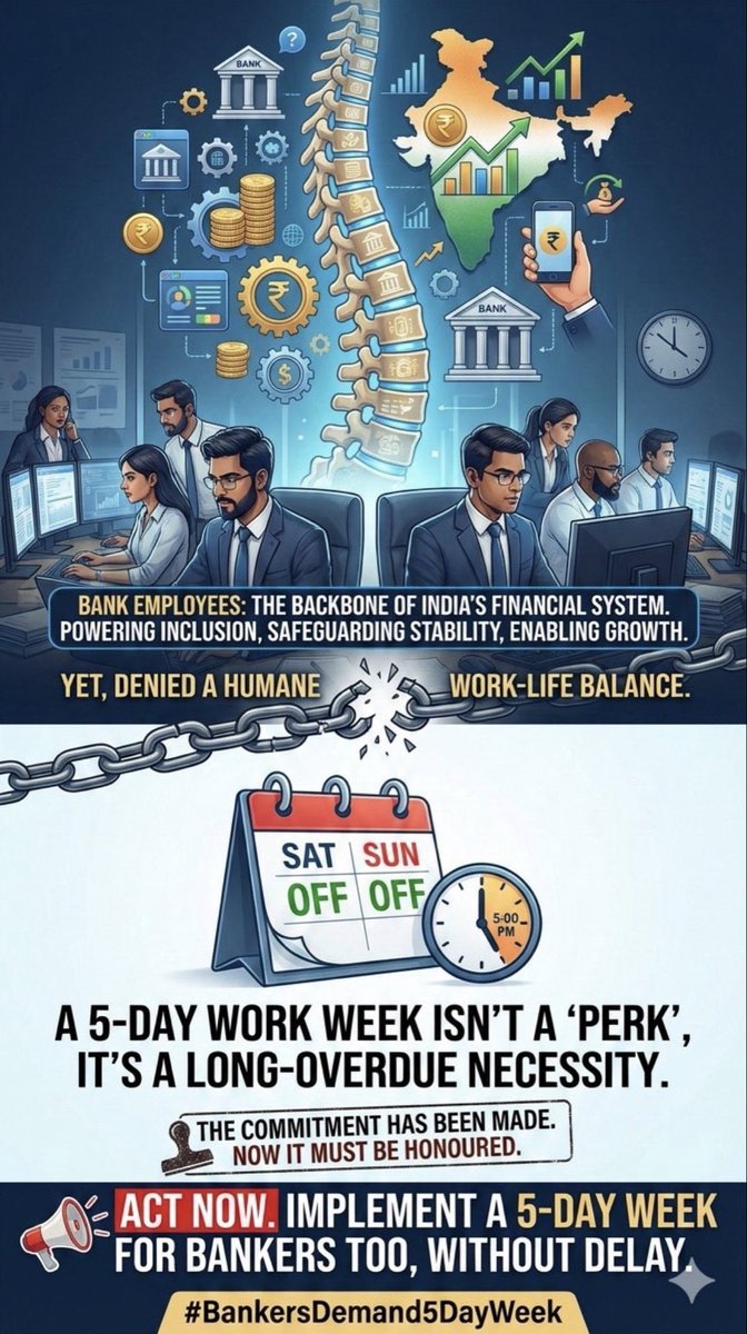 Demand of 5day banking is 
AGREED,SETTLED and still pending.Why this delay?Implement  5days work week in banks without any further delay.
#5DaysWeekForBankers 
<a href="/DFS_India/">DFS</a> <a href="/nsitharaman/">Nirmala Sitharaman</a> <a href="/narendramodi/">Narendra Modi</a> <a href="/PMOIndia/">PMO India</a>