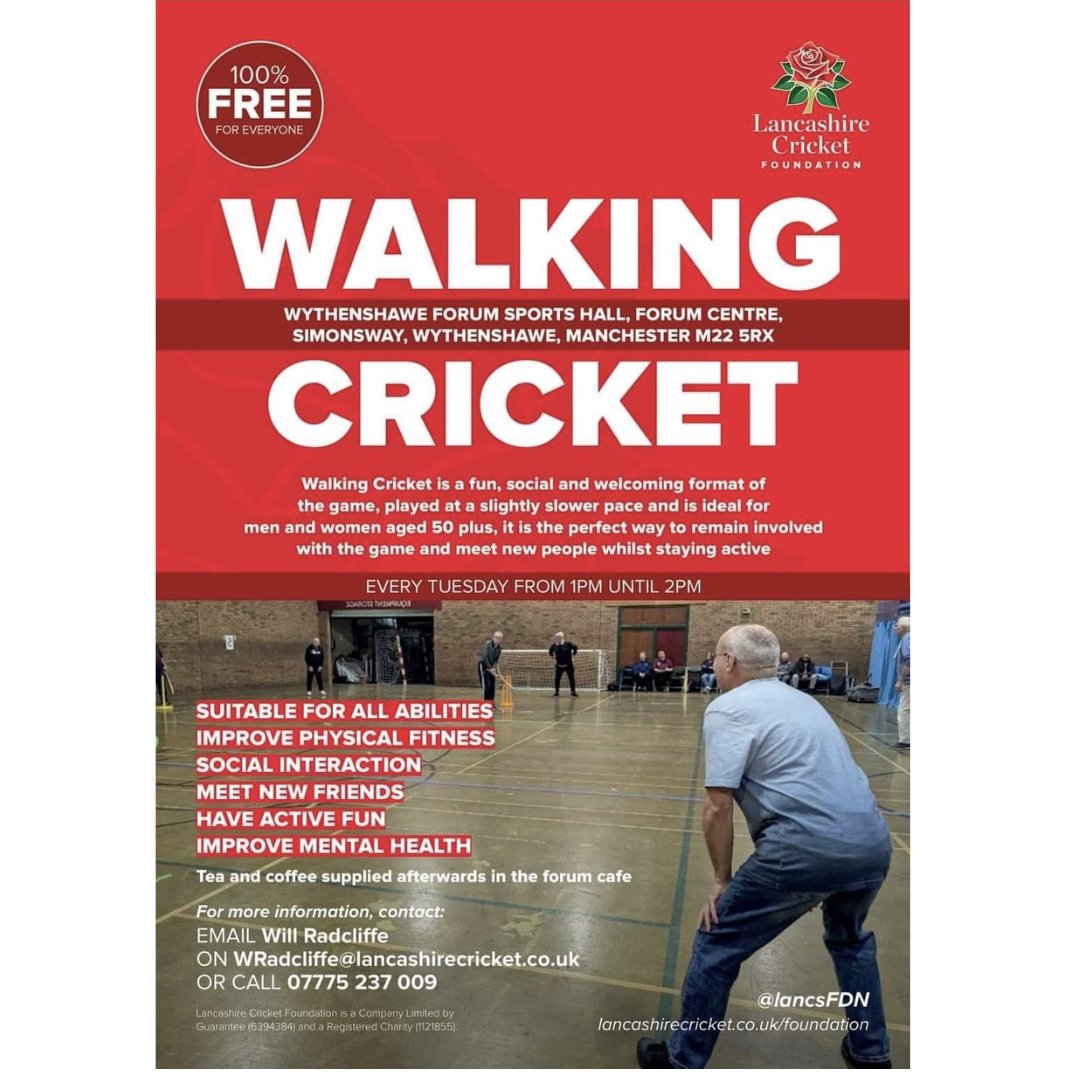 Southsidemag's tweet image. Try #Walking #Cricket – Fun for All Abilities!   Join us at Wythenshawe Forum Sports Hall every Tuesday 1–2pm with @lancsFDN. Stay active, meet new   people, and boost your #mentalhealth – 100% FREE! #Fitness #CommunityFun #SocialInteraction #GetActive