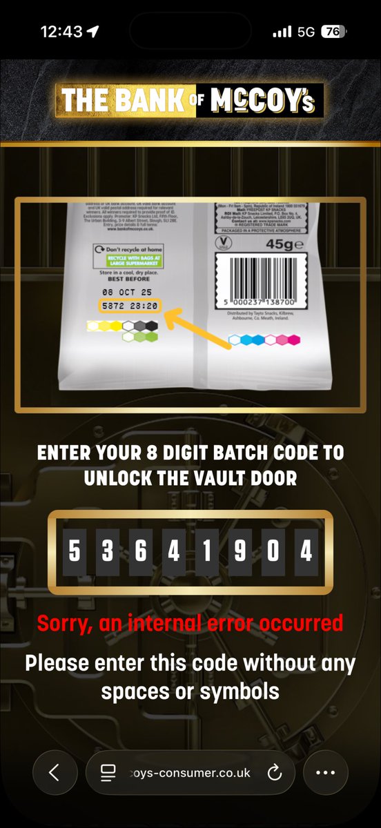 jonmsm's tweet photo. Hi @McCoys - you’re new ‘Bank of McCoys’ promo doesn’t work. The batch code appears invalid and I noticed that both packets I bought have the same code… how many bags are assigned to each batch codes and are they single use (ie only the first bag from a given batch works?) https://t.co/dWZYWw8n5c