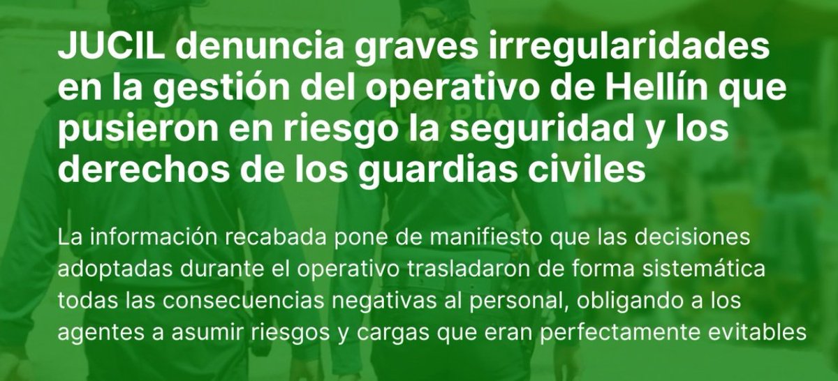 JUCIL denuncia la gestión del operativo desplegado en Hellín (Albacete), una actuación que evidencia una alarmante falta de planificación y que ha supuesto una vulneración de derechos básicos en materia de seguridad laboral, descanso, conciliación y retribuciones económicas.