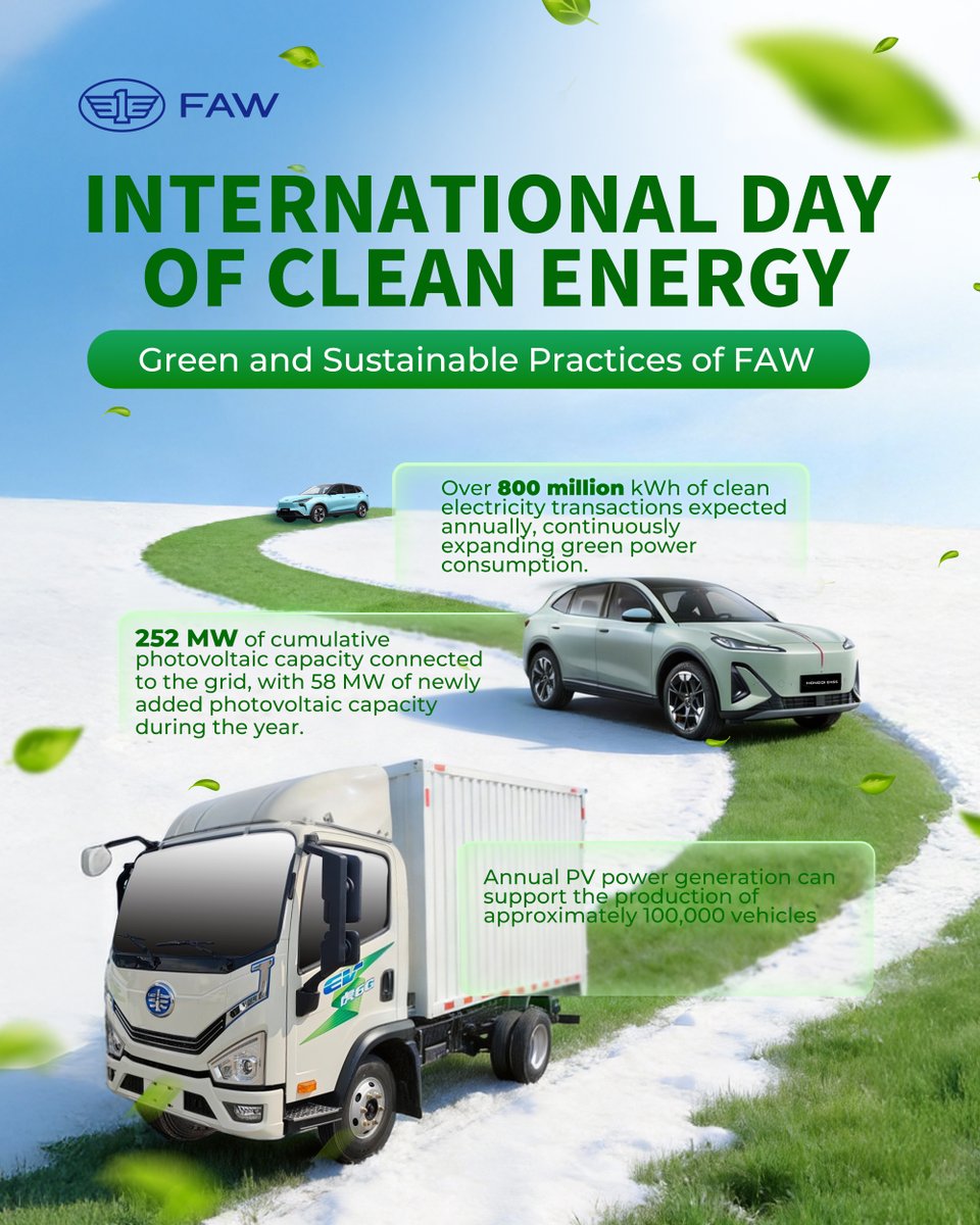 faw_global's tweet image. Clean energy drives every journey. 🌍

With 800M+ kWh of green power, 252 MW of solar capacity, and energy supporting 100,000+ vehicles each year, FAW powers BESTUNE JOYEE03, HONGQI EHS5, and FAWTRUCKS TIGER 6G toward a greener future.

#DriveFAWard #GreenMobility