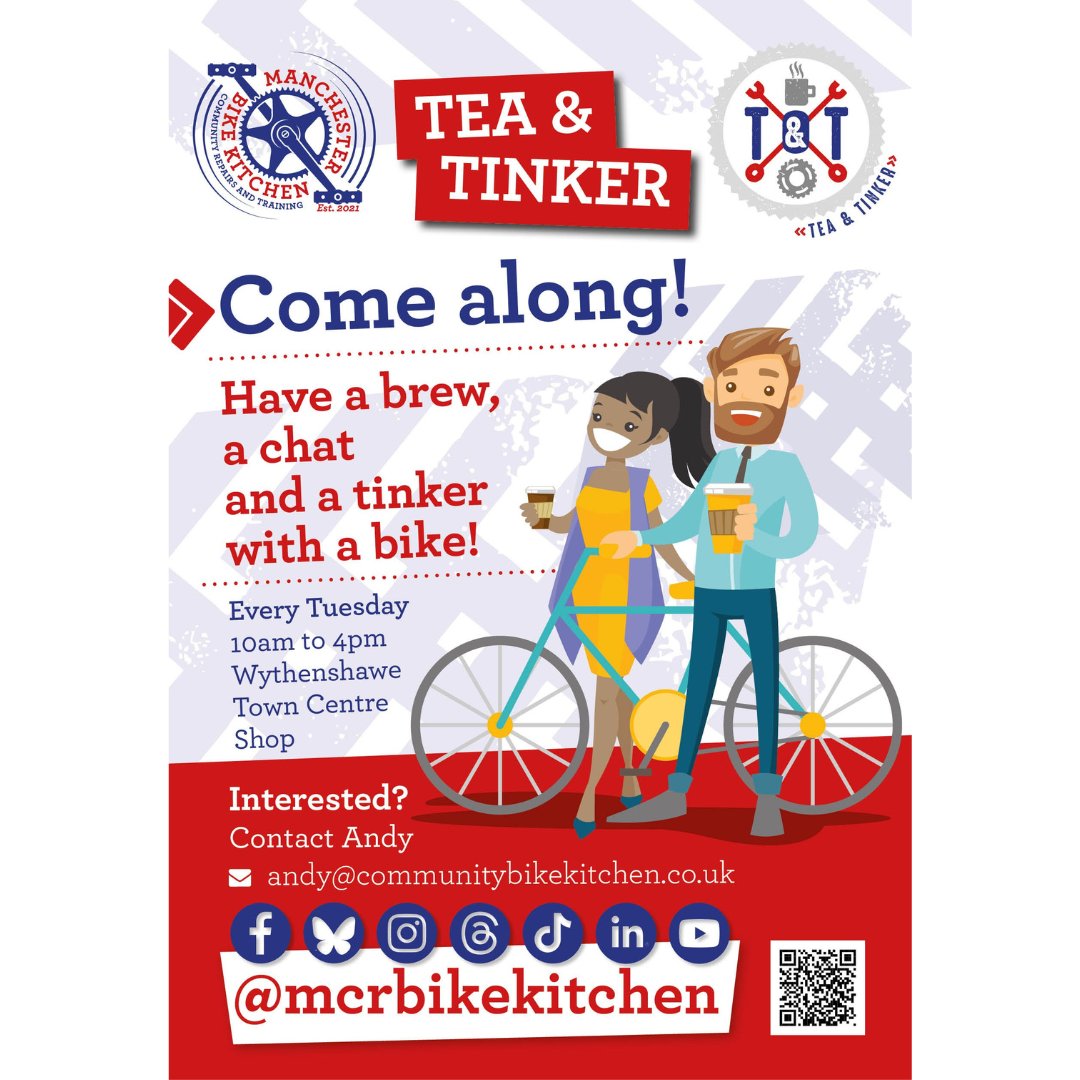 Southsidemag's tweet image. Do   you like tinkering with bikes, then come along to our #Wythenshawe Town   Centre Shop. Every Tuesday from 10am to 4pm. More info on the leaflet   @mcrbikekitchen
