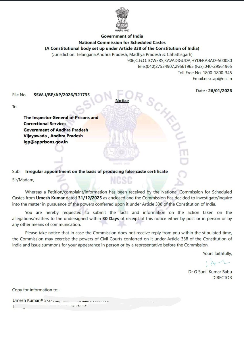 srikhande_umesh's tweet photo. The NCSC has ordered an inquiry into an alleged irregular appointment based on misuse of an SC certificate, on a complaint filed by me. Enquiry in 
progress as per official notice.
No declaration of guilt — only information about a constitutional enquiry
@APPOLICE100 @THAndhra https://t.co/Wbv9LS7kjp