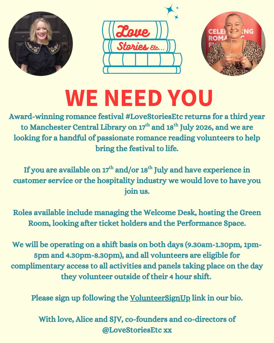 If you're a passionate reader of love stories, free 17th and/or 18th July and have customer service or hospitality experience, #LoveStoriesEtc needs volunteers to help bring the festival to life this year. Sign up here volunteersignup.org/8LJ9E.