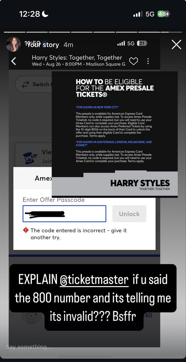 AngelinaBelotti's tweet image. @Ticketmaster  please be so fr. I went into the AMEX presale. It asked for a code ( the code you told us would be the phone number on the back of the AMEX) and it told me it was invalid.  Make it make senseeeeeeee

Harry the prices are ridiculous tho LOL not that u price them.