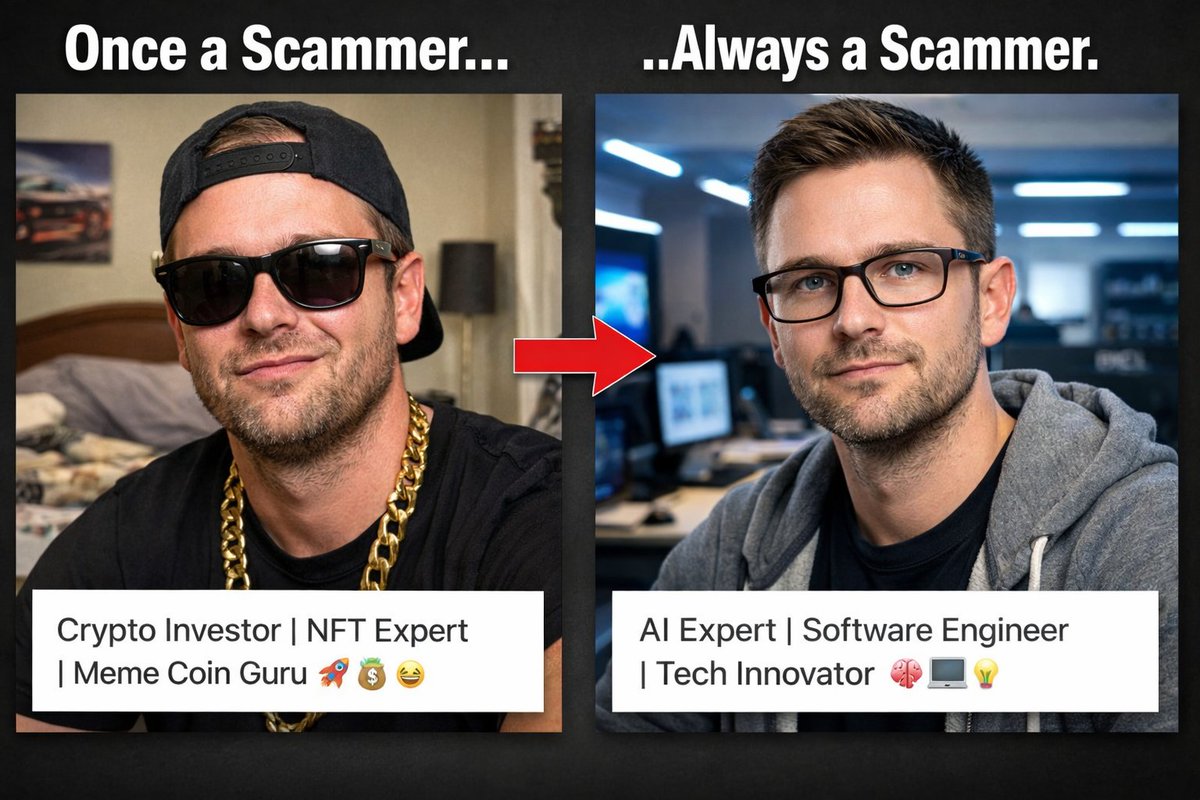 VaArmiva's tweet photo. 1/
Last cycle it was WEB 3.0, Crypto( NFTs, meme coins...) the space was full of scammers and cash grabs..
Now the same idiots rebranded as “AI Experts” and “Software Engineers”.

Same scammers. Different bio. https://t.co/EwZ0BQT5Ox