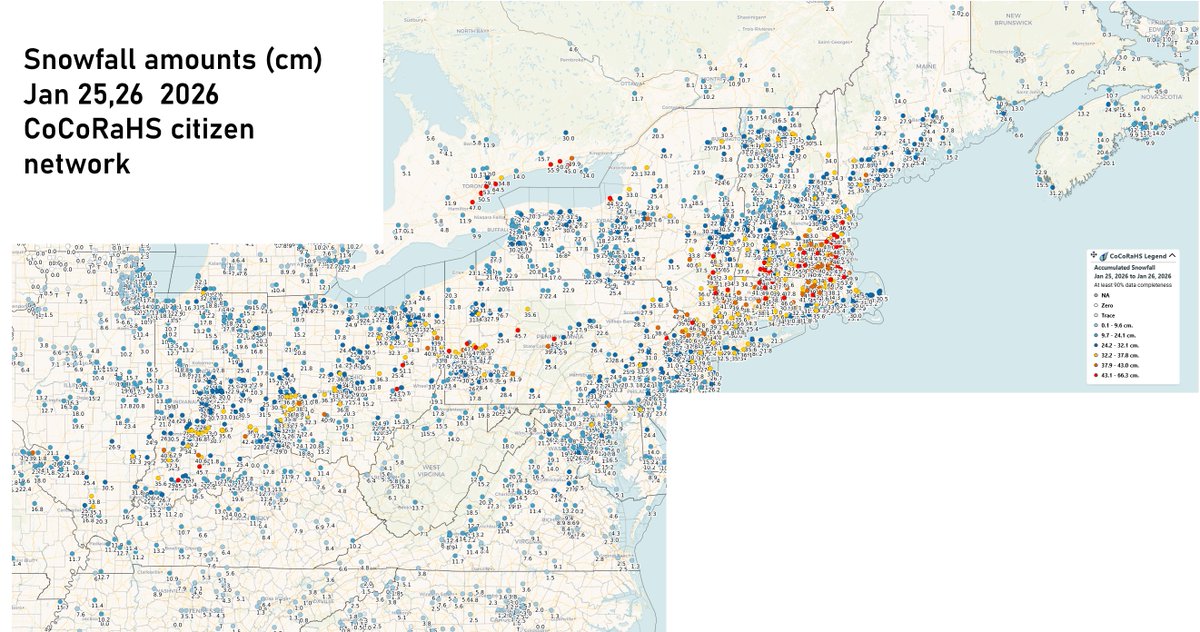 Cyclone_Fogarty's tweet photo. Snowfall totals for the past 2 days up till this morning. Note the enhanced totals in the Toronto region - very likely lake-exacerbated factors leading to this historic event for them. #onwx #nswx #canwx #uswx #mawx https://t.co/UUCTpIN0Wt