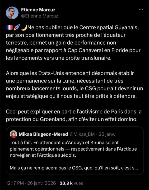 ❌️ERRATUM❌️

Comme me l'a signalé <a href="/TechSpatiales/">Techniques Spatiales</a>, mon raisonnement sur l'intérêt du Centre Spatial Guyanais pour les missions lunaires était faux, ayant confondu plan écliptique et plan équatorial.

Bonne nouvelle donc pour la Guyane française qui présente donc moins