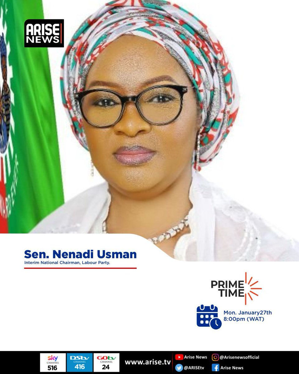 SenNenadiUsman's tweet image. In furtherance of my public engagement following the recent Federal High Court judgement affirming my leadership of the Labour Party, I will be live tonight on ARISE News Prime Time with Charles Aniagolu.

Time: 8:00pm. 

Kindly join the conversation.