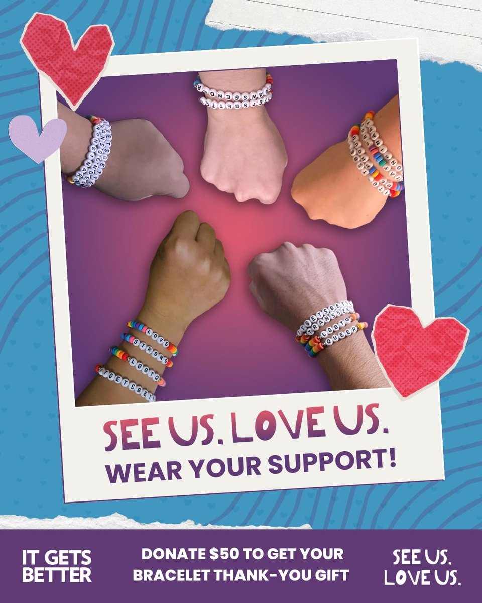 MuellerSheWrote's tweet photo. This Valentine's Day, join us in showing our love and support for LGBTQ+ youth. 

Donate $50 to @ItGetsBetter and receive a limited edition bundle of friendship bracelets celebrating LGBTQ+ identities.

You can also take the It Gets Better pledge and show queer youth you have their backs.
    
DONATE: https://t.co/32bXBfGCAm

PLEDGE: https://t.co/oMipmOxXGz