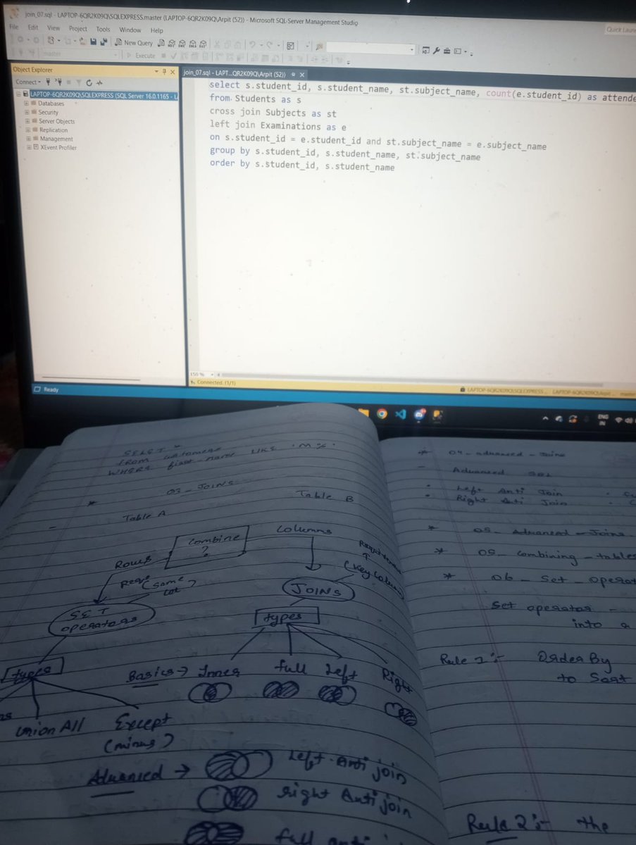 ArpitMandhan32's tweet photo. Day 23–25 – SQL Progress
Completed a full SQL one-shot lecture and started LeetCode SQL 50. Solved 15/50 problems so far. Staying consistent and learning step by step.
#60DaysOfGrowth #placementpreparation #SQL #LearningInPublic #Consistency https://t.co/hLqLIj7aFI