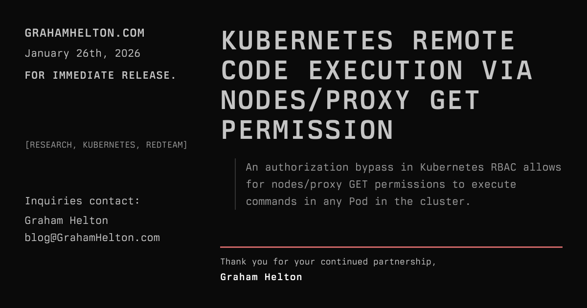 Graham Helton has just published a disclosure of a Kubernetes vulnerability that allows running arbitrary commands in any pod in a cluster using a common "read-only" RBAC permission. And this vulnerability won't be assigned a CVE, meaning Kubernetes won't receive a fix 🤷‍♂️