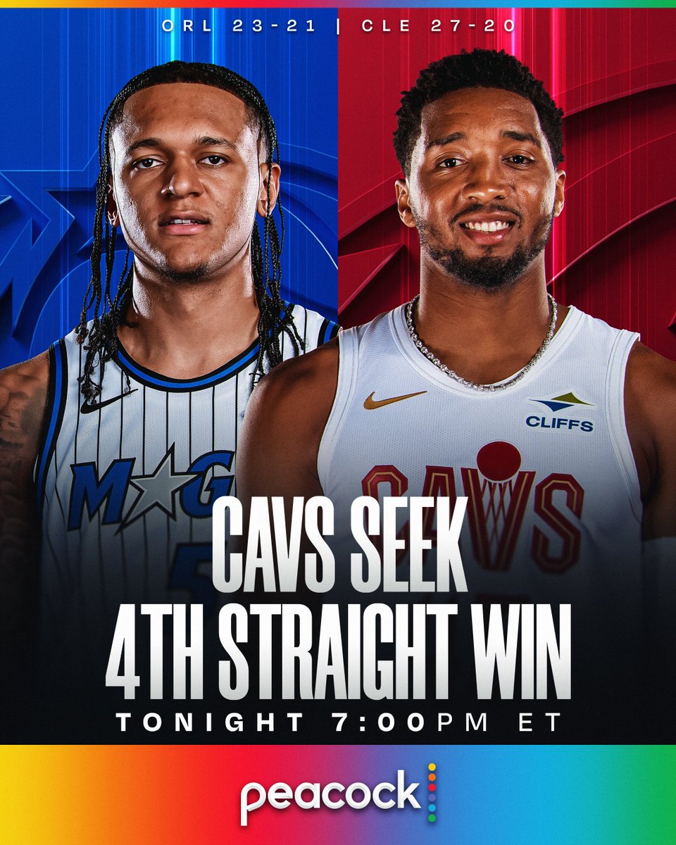 Seeking their 4th straight win, Donovan Mitchell (29.1 PPG, 6th in NBA) and the East #5 Cavaliers host Paolo Banchero (21.1 PPG, 8.6 RPG) and the #8 Magic.
Action tips off at 7:00pm/et on Peacock