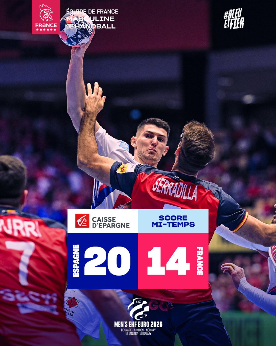 MI-TEMPS 🇪🇸🇫🇷
Première période compliquée pour les BLEUS qui se font surprendre par l'Espagne.
Rien n'est encore fait, il reste 30 minutes pour aller chercher la victoire ! 
ALLEZ LES BLEUS 💪🇫🇷