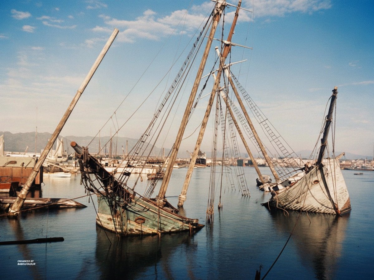 I've cleaned-up for you an autochrome of Malaga’s "cemetery" for derelicts of the sea in Spain in March 1929, photographed in colour by Jules Gervais Courtellemont for the National Geographic. It is original colour from 97 years ago, not colourised.