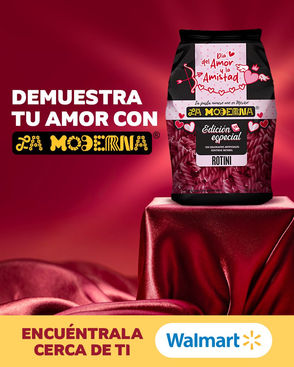 El amor se demuestra con La Moderna® y qué mejor que con nuestra pasta edición San Valentín. 💘 
Perfecta para preparar un platillo para tu persona especial 🥰 
¡Encuéntrala muy cerca de ti!