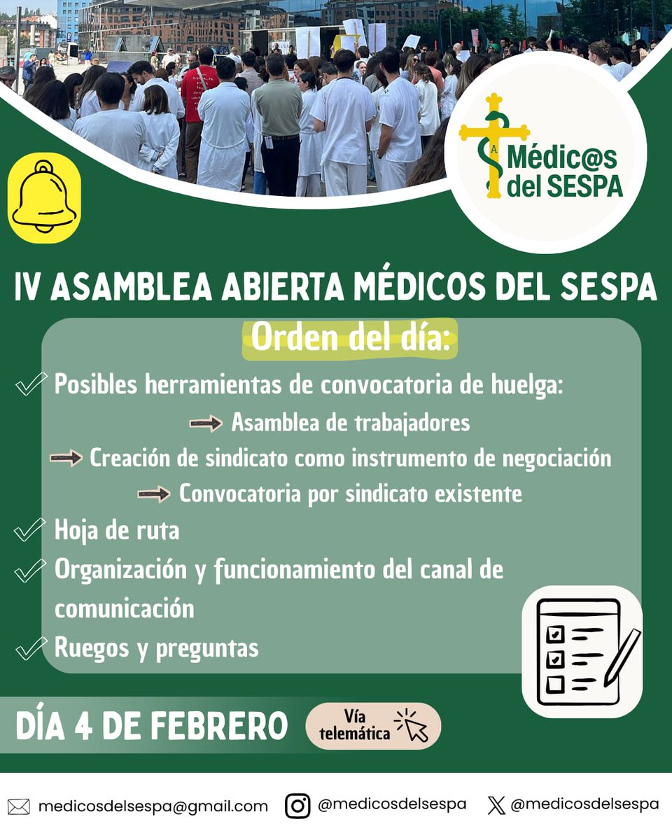 📣 PRÓXIMA ASAMBLEA ABIERTA MÉDICOS DEL SESPA 📣 

📆 Día 4 de febrero 
💻 Vía telemática 

¡Os esperamos a todos!