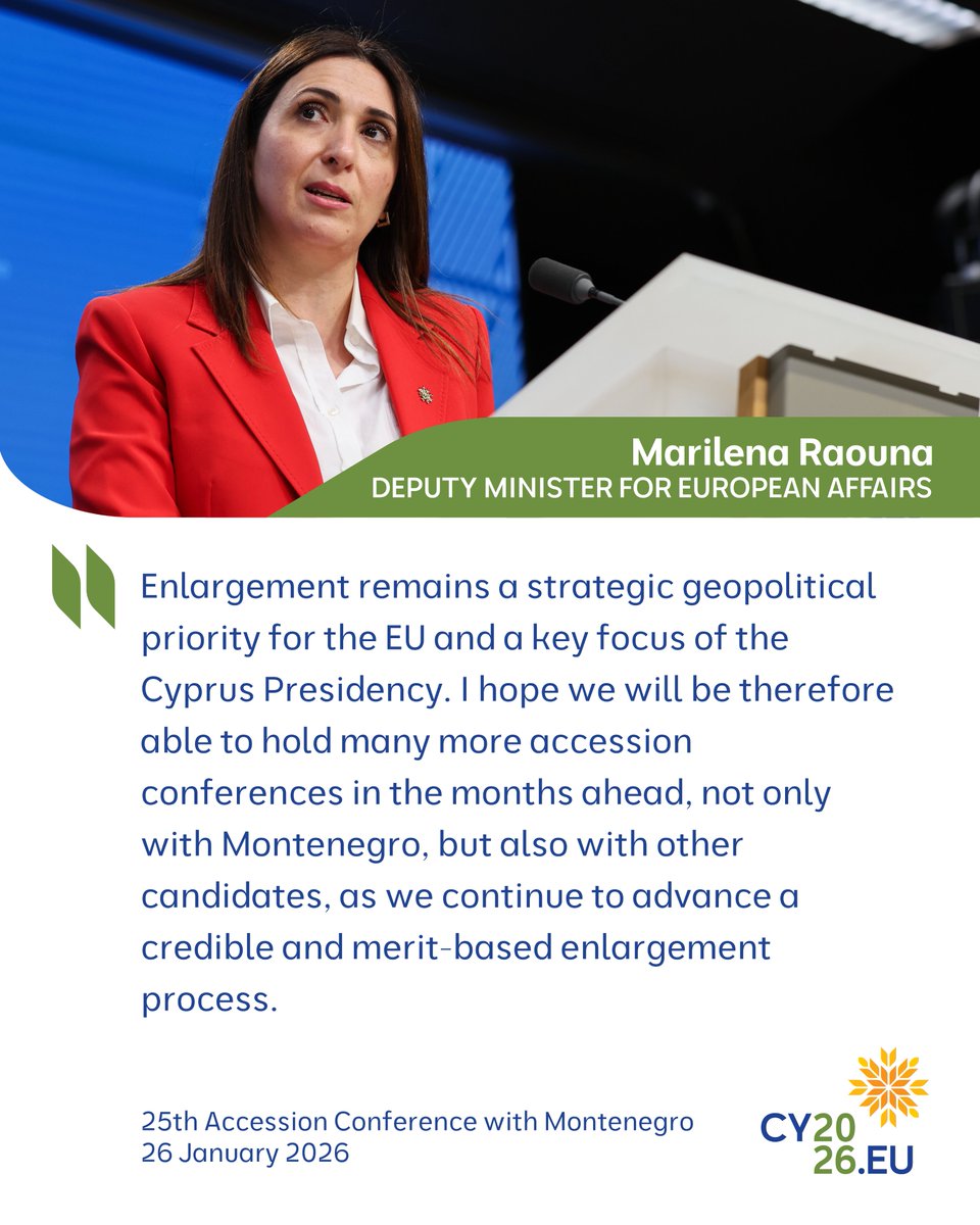 25th Accession Conference with Montenegro 🇲🇪🇪🇺

Deputy Minister for European Affairs <a href="/marilena_raouna/">Marilena Raouna</a> chaired the first EU-Montenegro IGC under the #CY2026EU Presidency. 👇