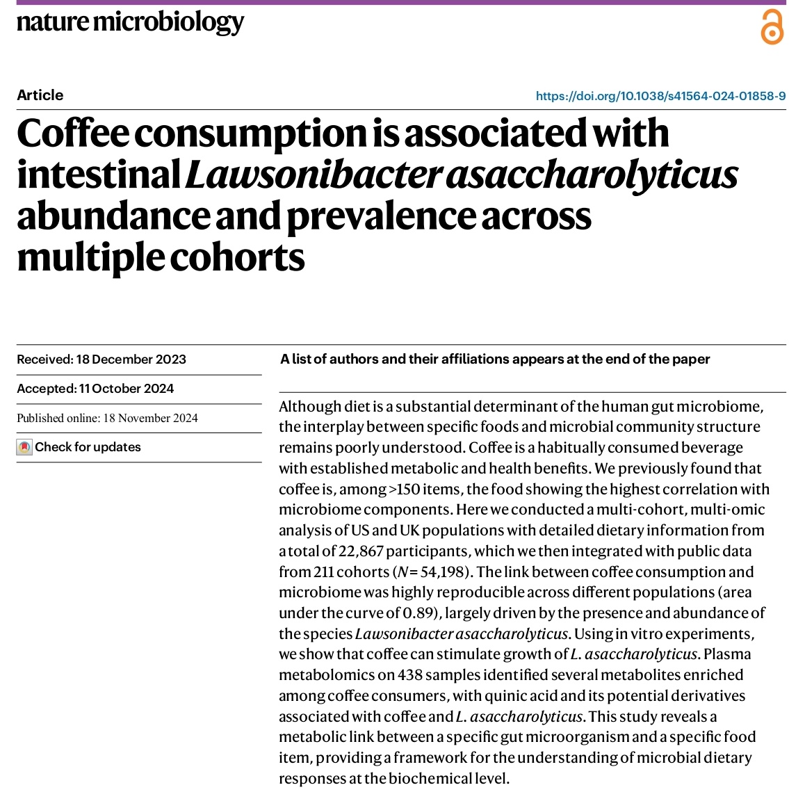 El consumo de café ☕se asocia con mayor diversidad microbiana👍 en nuestro intestino🦠🦠🦠, posiblemente mediada por polifenoles y compuestos bioactivos del café que actúan como prebióticos moduladores positivos 👍 del microbioma 🦠humano, Y ATENCIÓN: el efecto se ve tanto en