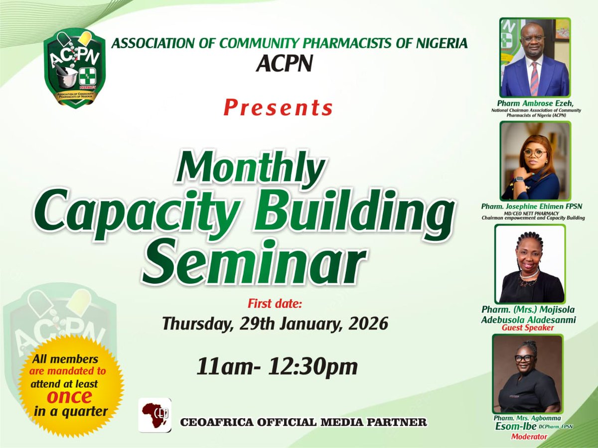 INVITATION TO SEMINAR

From the @ACPN National Secretariat, members are kindly informed about the imminent ACPN National Capacity Building Seminar scheduled as follows:

DATE: Thursday, 29th January, 2026
TIME: 11am - 12:30pm
VENUE: Virtual

Chuddy M.
NPS, ACPN.
26.01.2026