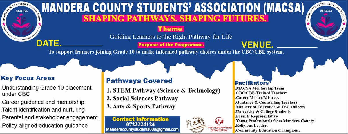 Community transformation begins in the classroom.

<a href="/Macsa2025/">THE MANDERA COUNTY STUDENTS' ASSOCIATION-MACSA</a> is launching a Grade 10 Placement Mentorship Campaign under the theme “Guiding Learners to the Right Pathway for Life.”

In partnership with <a href="/Northern_009/">the Northern frontier initiative</a>
&amp; <a href="/TrustHope137641/">Hope Humanity Trust Organization.</a> #CBE #Grade10Placement  #CBC