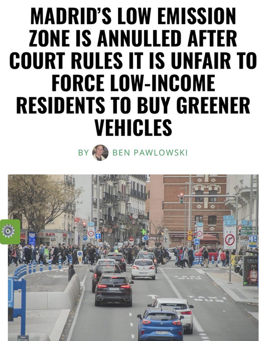 "La zona a basse emissioni di Madrid è stata annullata dopo che il tribunale dichiara che è ingiusto forzare residenti con basso salario a comprare un veicolo più verde"  
C'è un giudice a Madrid.  

A Milano ci sono giudici?