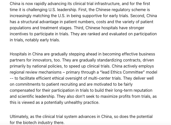 PearlF's tweet photo. Novartis Chief Strategy Officer Ronny Gal wrote that the US is at "risk of losing its edge" in early clinical trials to China. He explains some of China's advantages incl: "Chinese hospitals have stronger incentives to participate in trials. They are ranked & evaluated on participation in trials, notably early trials." A link to his Linked In post is in the reply: