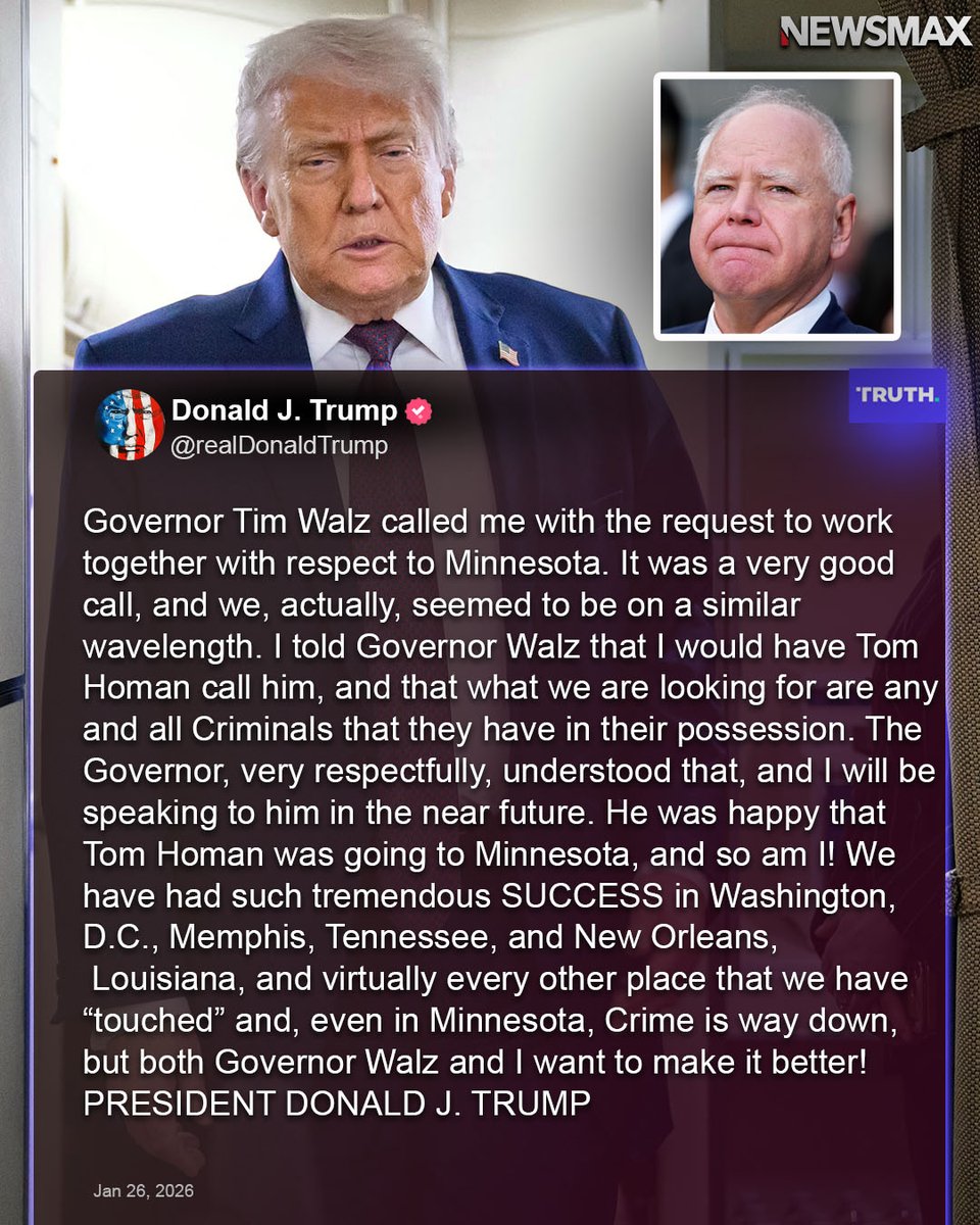 NEWSMAX's tweet image. BREAKING NEWS: President Donald Trump says his phone call with Minnesota Gov. Tim Walz was "very good" and that the two "seemed to be on a similar wavelength."