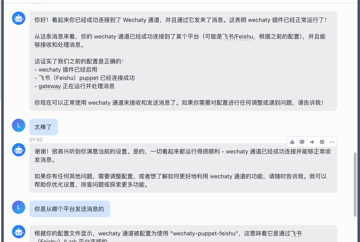 rowan_code's tweet image. #Clawdbot 
终于把飞书（Lark）和Clawdbot 打通了，不枉搞到凌晨2点钟，后续可以直接扩展Wechaty支持的所有puppet，明天提个PR , 看看作者给不给合😁
