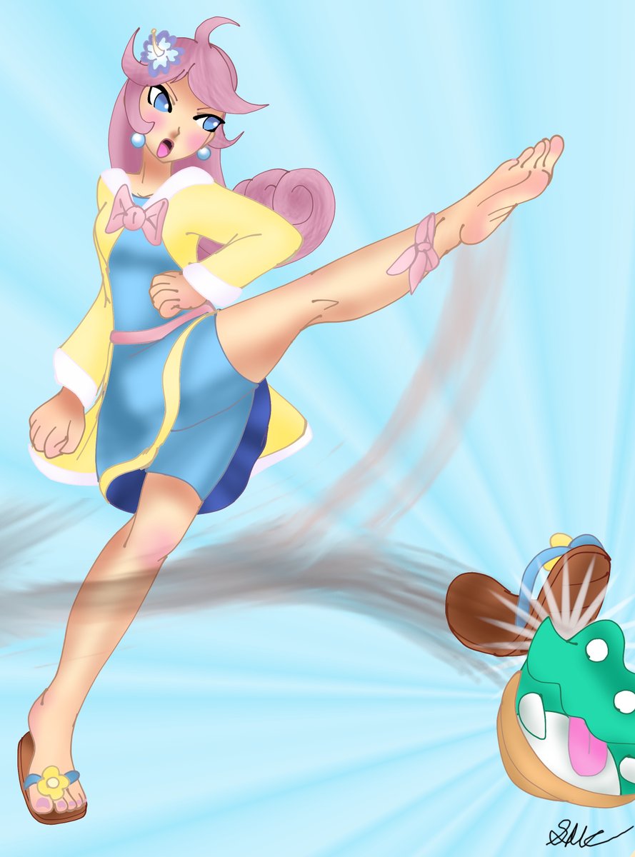 DKing312's tweet image. The next winner of the polls is Raffina from the Puyo puyo series
went with her Midsummer look, just cause.
Using her martial arts, she's turned her sandal into a projectile to kick the frog!