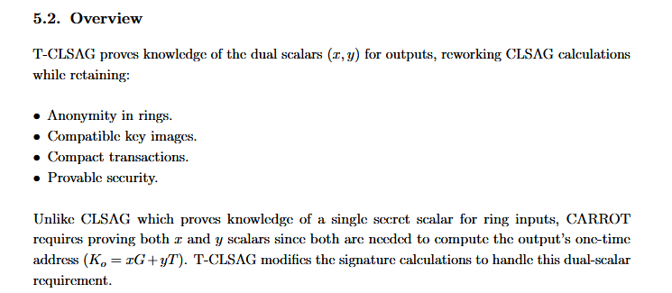 CLSAG (adopted by Monero since 2020) efficiently proves knowledge of a single scalar - but that makes it incompatible with CARROT’s dual-scalar design.

Salvium One launch in 2025 required full CARROT addressing support to enable MiCA-compliant, auditable wallet histories, so