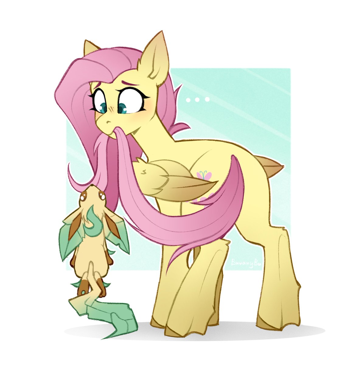 Fluttershy walked in the woods
Looking for some growing goods
Suddenly her face turned pale
Leafeon latched onto her tail