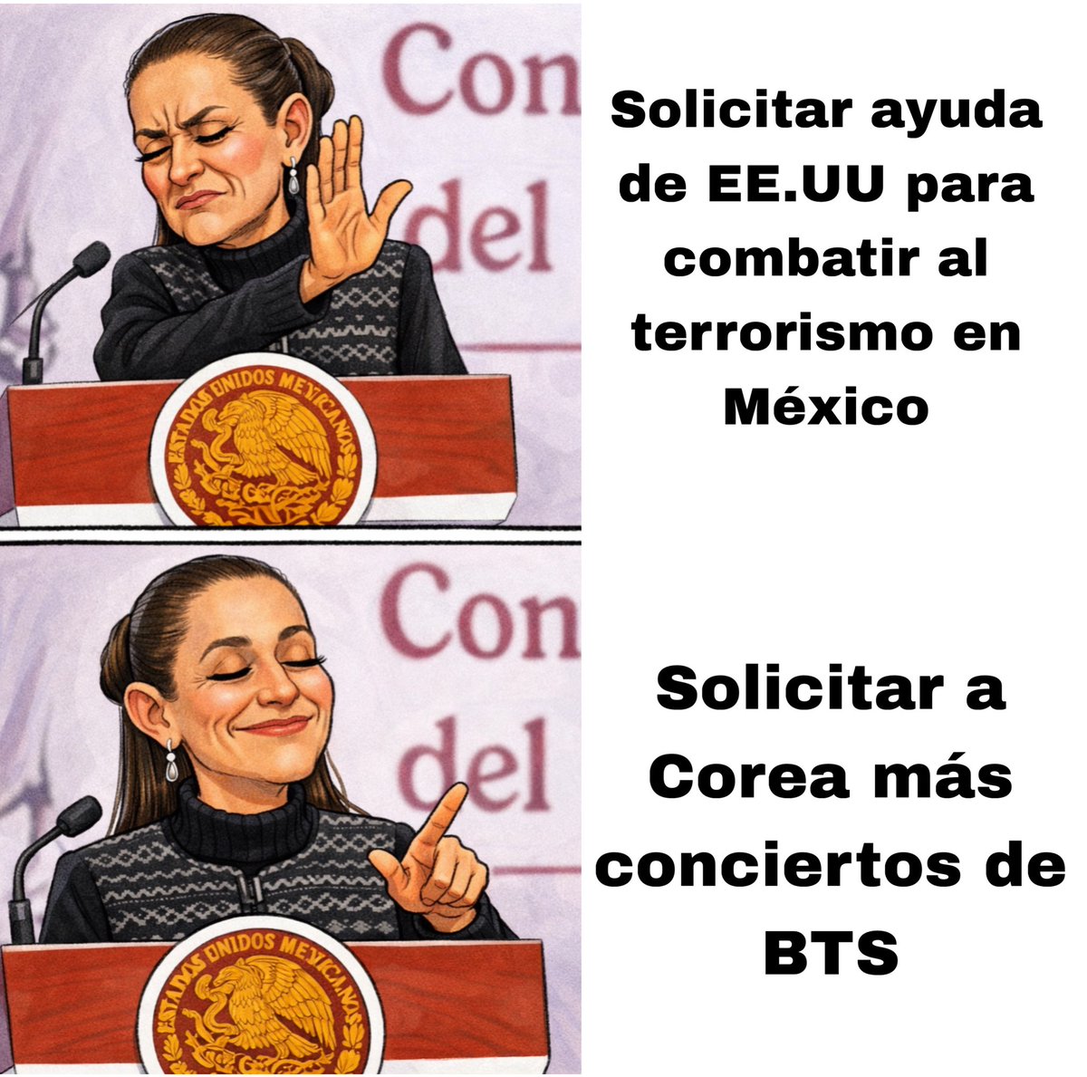 ArturoVill7's tweet image. Para Claudia Sheinbaum es más urgente solicitar conciertos de BTS, que solicitar ayuda internacional para combatir al terrorismo en México.