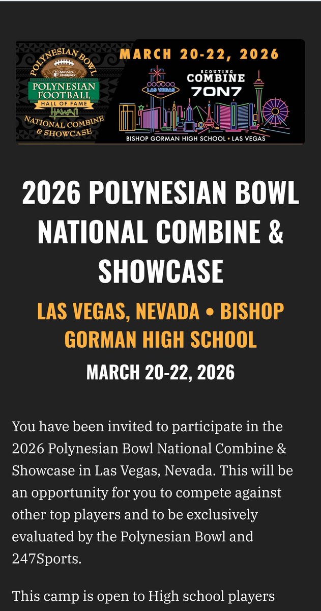Thank you to the committee of <a href="/polynesiabowl/">adidas POLYNESIAN BOWL</a> for the combine invite. See ya soon, Las Vegas! 
<a href="/CoachBreaux_/">Devon Breaux</a> <a href="/LoganTillman/">Logan Tuley-Tillman</a> <a href="/Coast2Coasttc/">Stephon Johnson Coach J</a> <a href="/ScottRapp17/">Scott Rapp</a> <a href="/jkleesportz/">JK Lee Sportz</a> <a href="/PrepRedzoneLA/">Prep Redzone Louisiana</a> <a href="/RecruitLouisian/">Recruit Louisiana™️</a> <a href="/JohnEadsWAFB/">John Eads WAFB-TV</a>