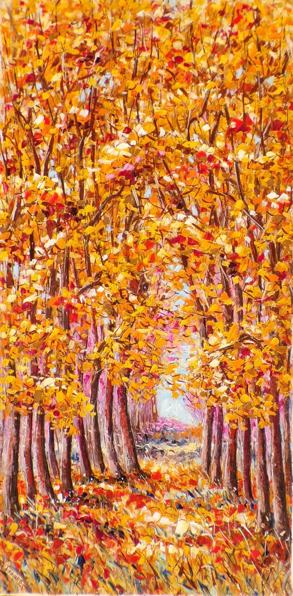 Oggi pubblico un mio dipinto ad olio su tela, " Viale tra gli alberi ", cm 30x60.