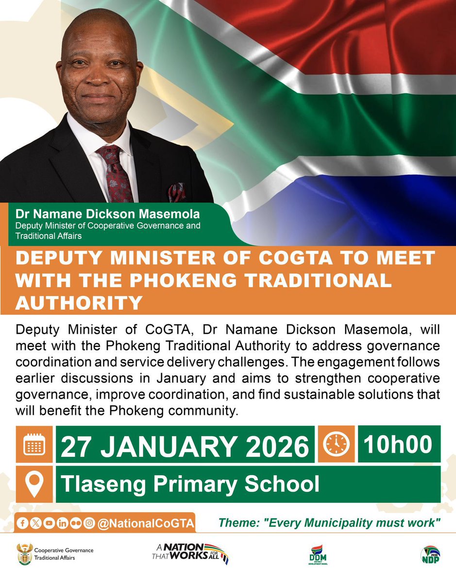 Deputy Minister of COGTA will meet with Phokeng Traditional Authority to address governance coordination and service delivery issues.