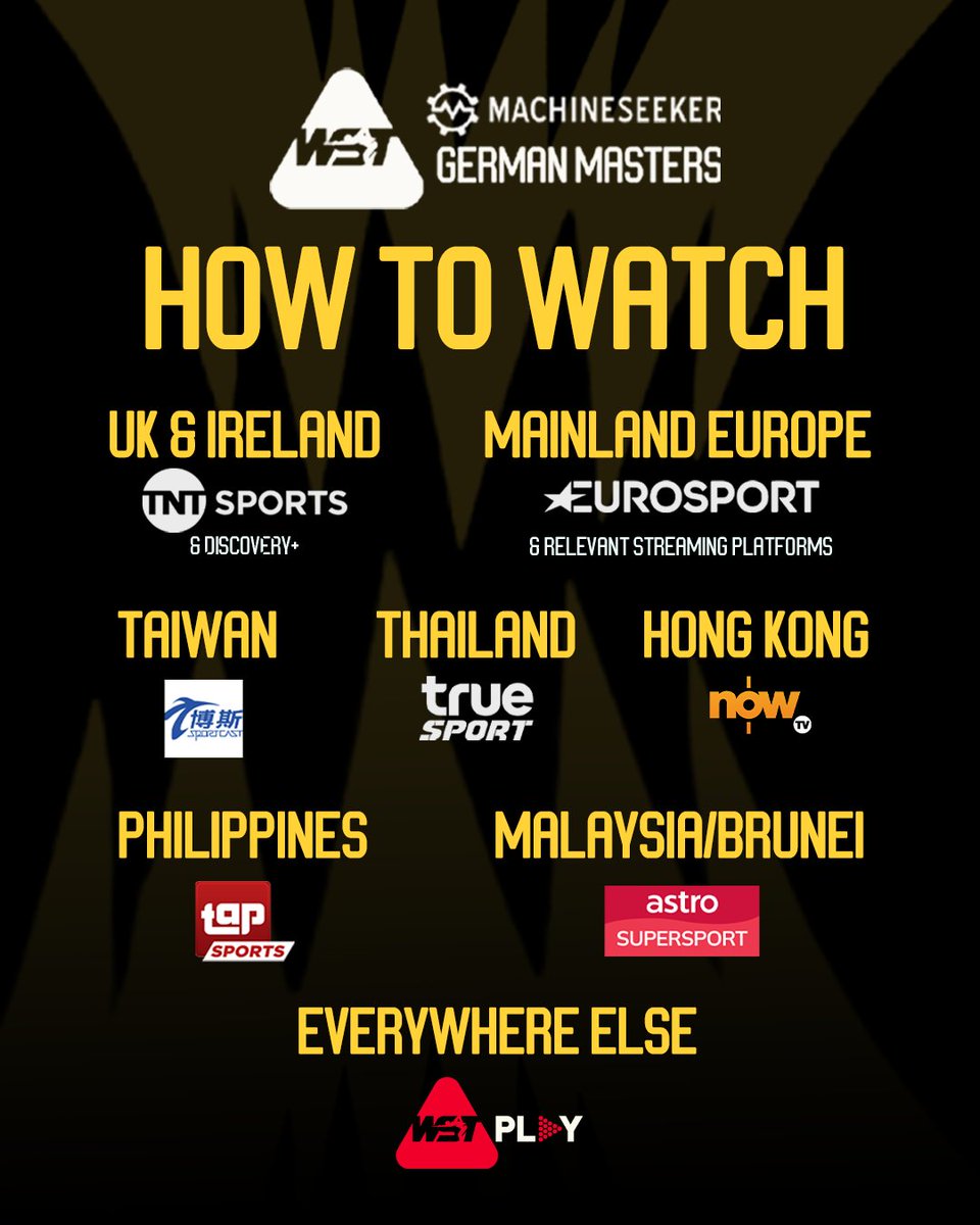 HOW TO WATCH THE GERMAN MASTERS! 🇩🇪

📆 26 January - 1 February 2026
📍 Tempodrom, Berlin
🤴 Kyren Wilson

#GermanMasters | <a href="/Machineseeker/">Machineseeker.com</a>