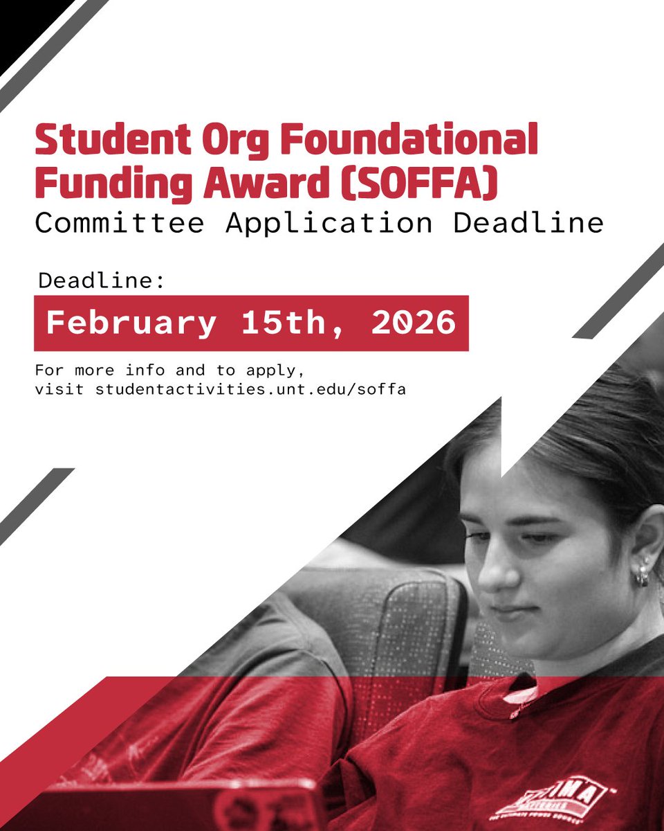 A committee is in charge of reviewing and allocating SOFFA funds, and we’re recruiting student members! The application closes on February 15. 💲 

For more info and to apply, click the link in our bio or visit studentactivities.unt.edu/soffa